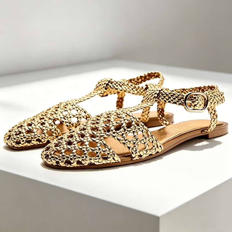 Mesh Strap Metal - Golden Mesh Woven Flat Sandals Women