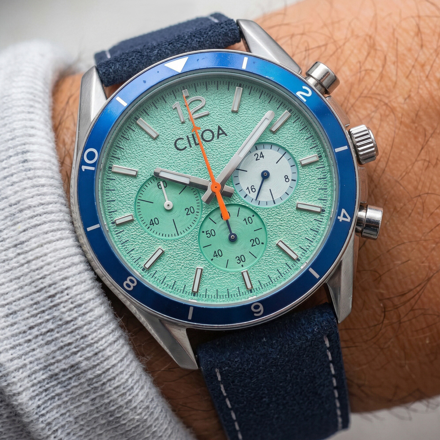 Suede Strap Watch - CILOA Men's Chronograph Watch Mint Green
