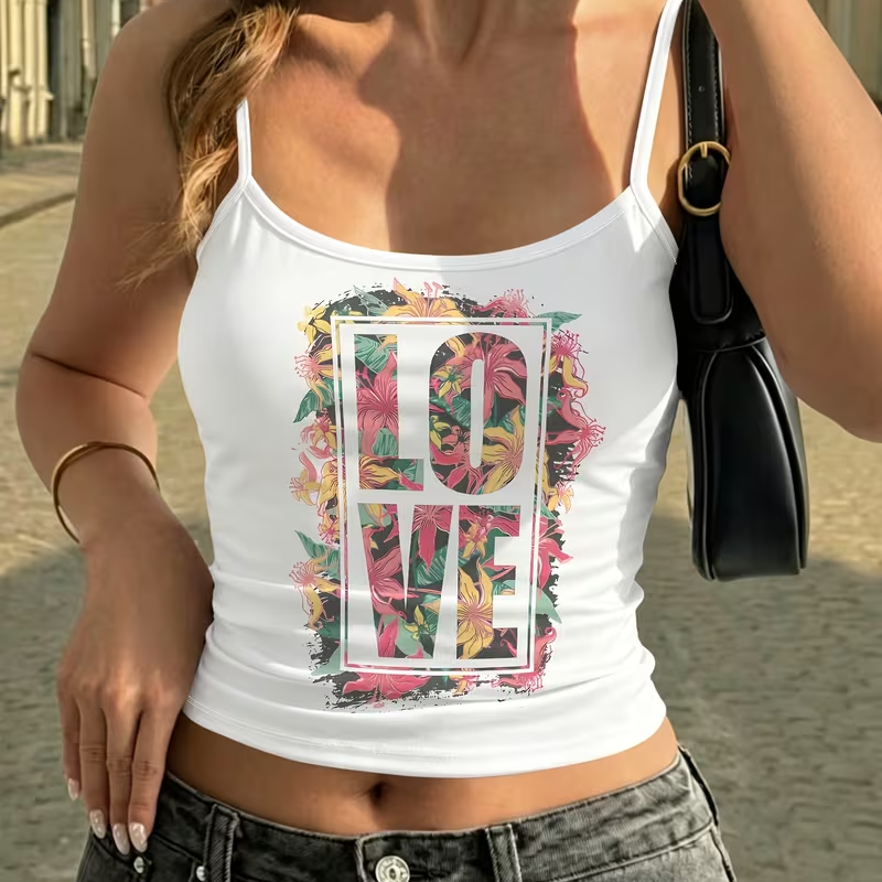 Tropic Strap Vintage - Women Y2K Floral LOVE Print Top