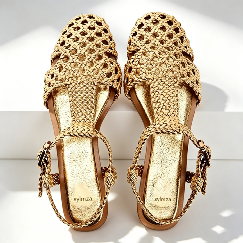 Golden Mesh Woven Flat Sandals - Mesh Strap Metal review and price
