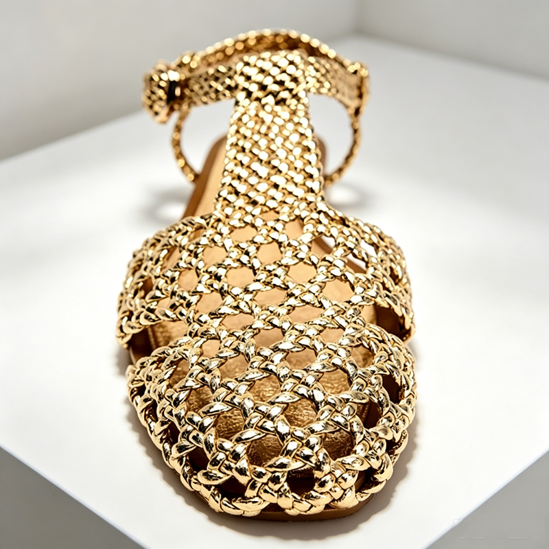 Golden Mesh Woven Flat Sandals - Mesh Strap Metal review and price