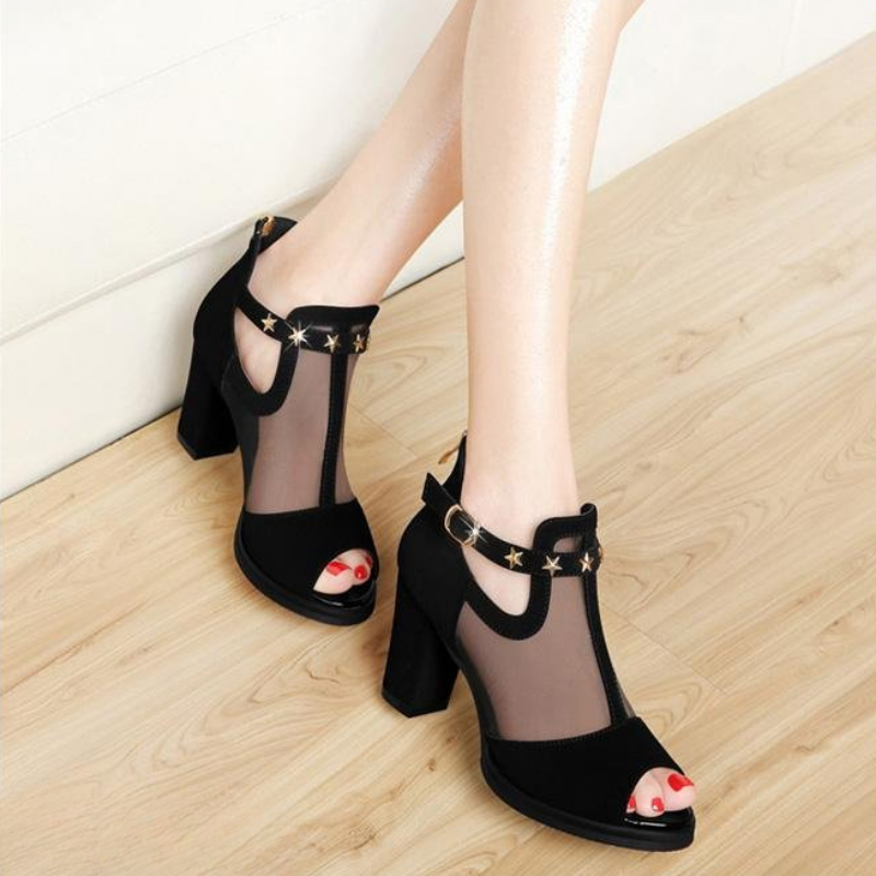 Mesh Peep Toe Block High Heels - Mesh Strap Metal review and price