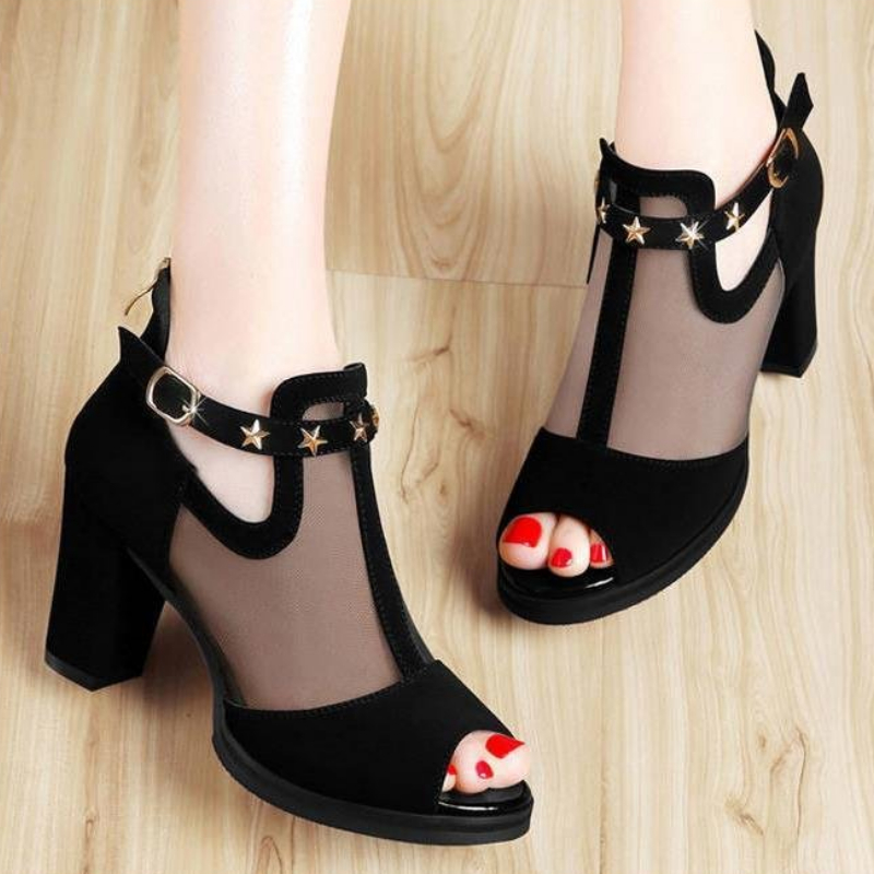 Mesh Peep Toe Block High Heels - Mesh Strap Metal review and price