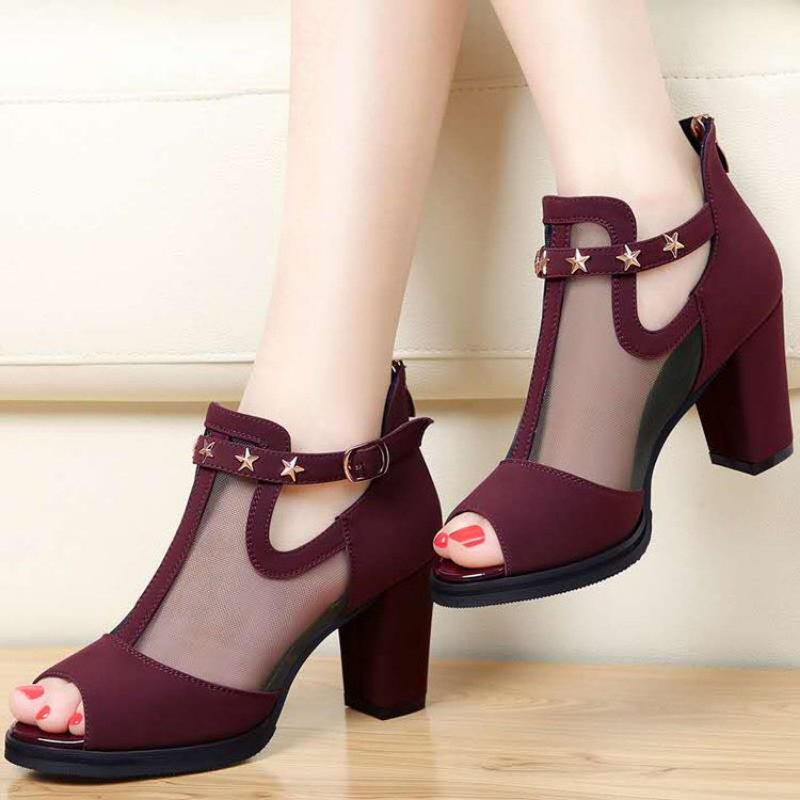 Mesh Peep Toe Block High Heels - Mesh Strap Metal review and price